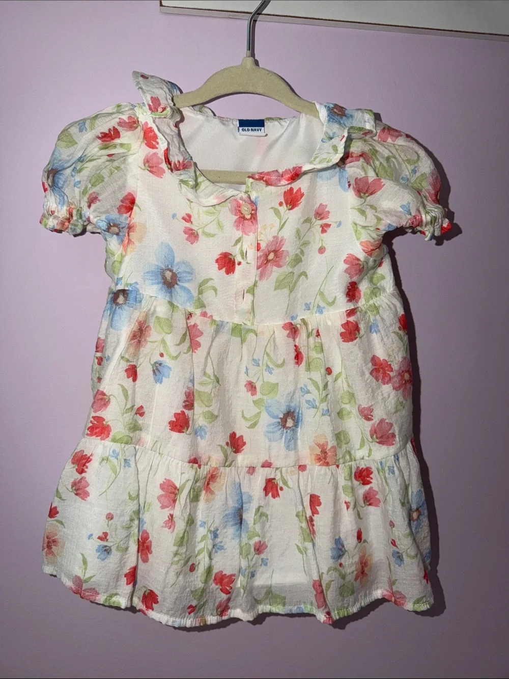 Old Navy White Floral Tiered Dress with Red, Blue & Green Print